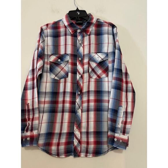 Burnside Button Down Shirt Plaid Native American Patch Mens Medium Unique - Picture 1 of 8